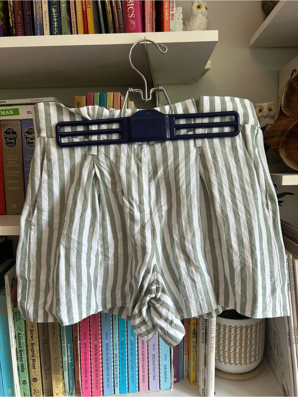 LOFT Olive Green & White Striped High-Waist Shorts